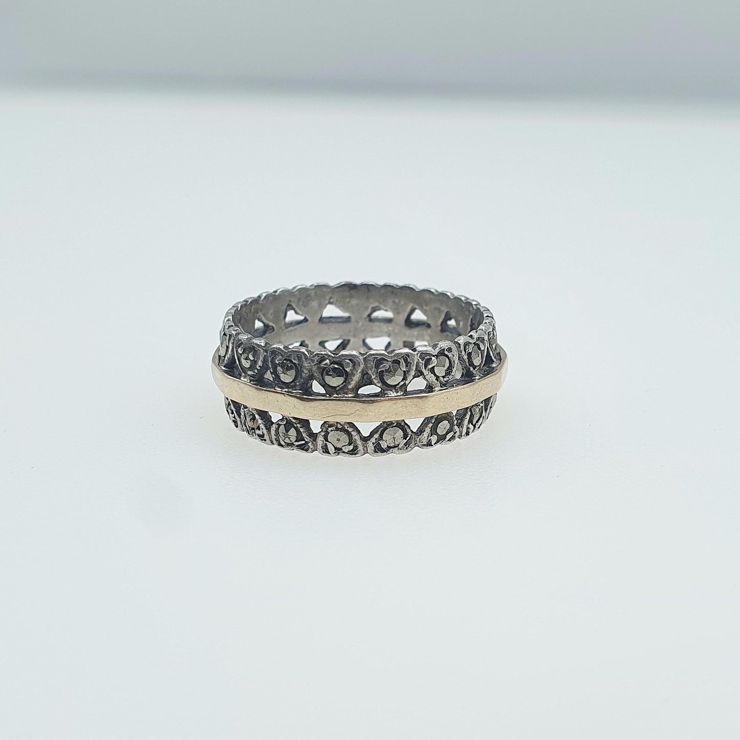 Antique 9ct Gold & Silver Eternity Ring Marcasite Heart Pattern Solid 9k 9kt Art Deco Womens Jewellery Jewelry UK K US 5.25