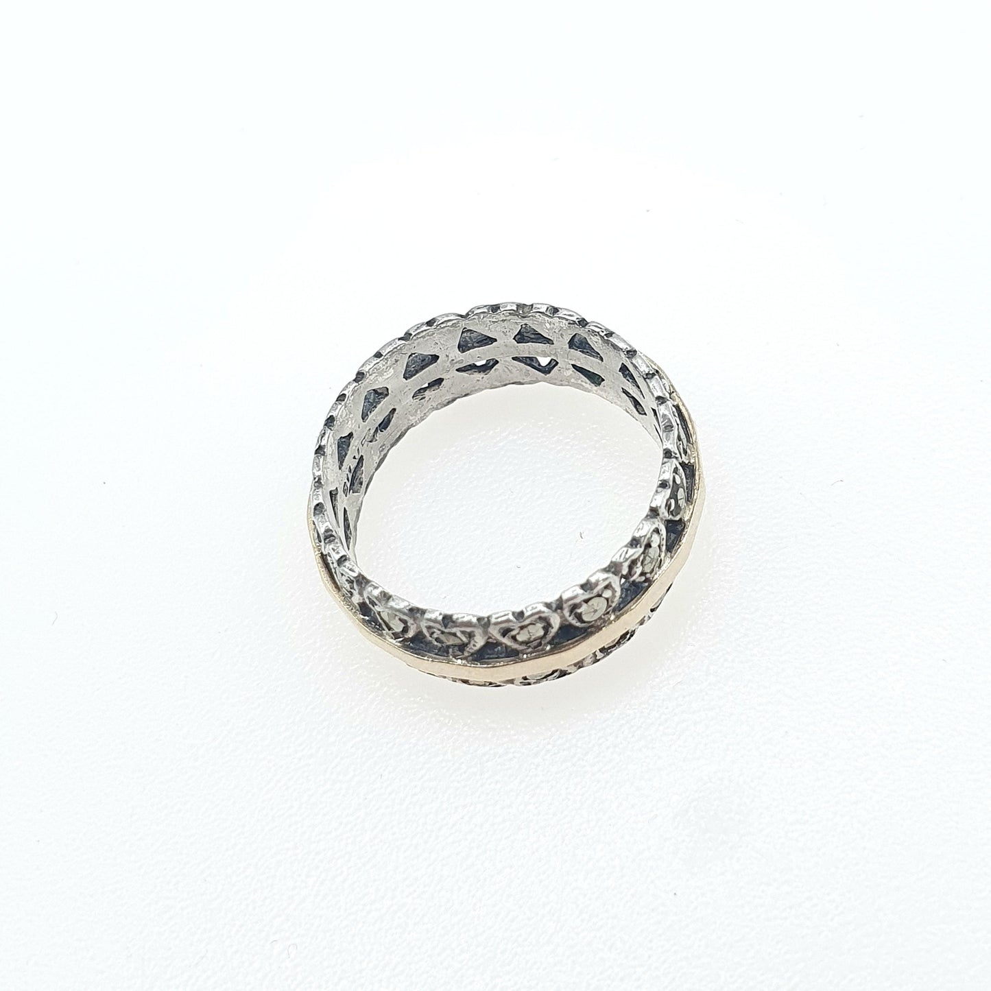 Antique 9ct Gold & Silver Eternity Ring Marcasite Heart Pattern Solid 9k 9kt Art Deco Womens Jewellery Jewelry UK K US 5.25