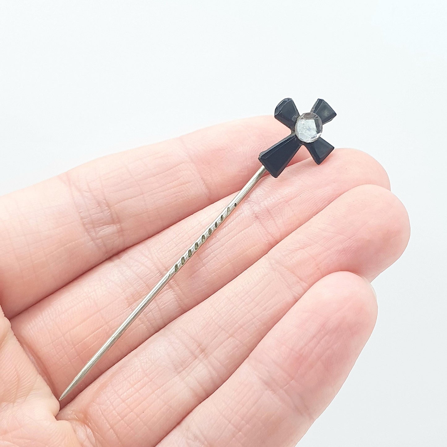 Antique Victorian Vauxhall Glass Crucifix Stick Pin Black and White Cross Base Metal Vintage Jacket Coat Mens Gents Jewelry Jewellery