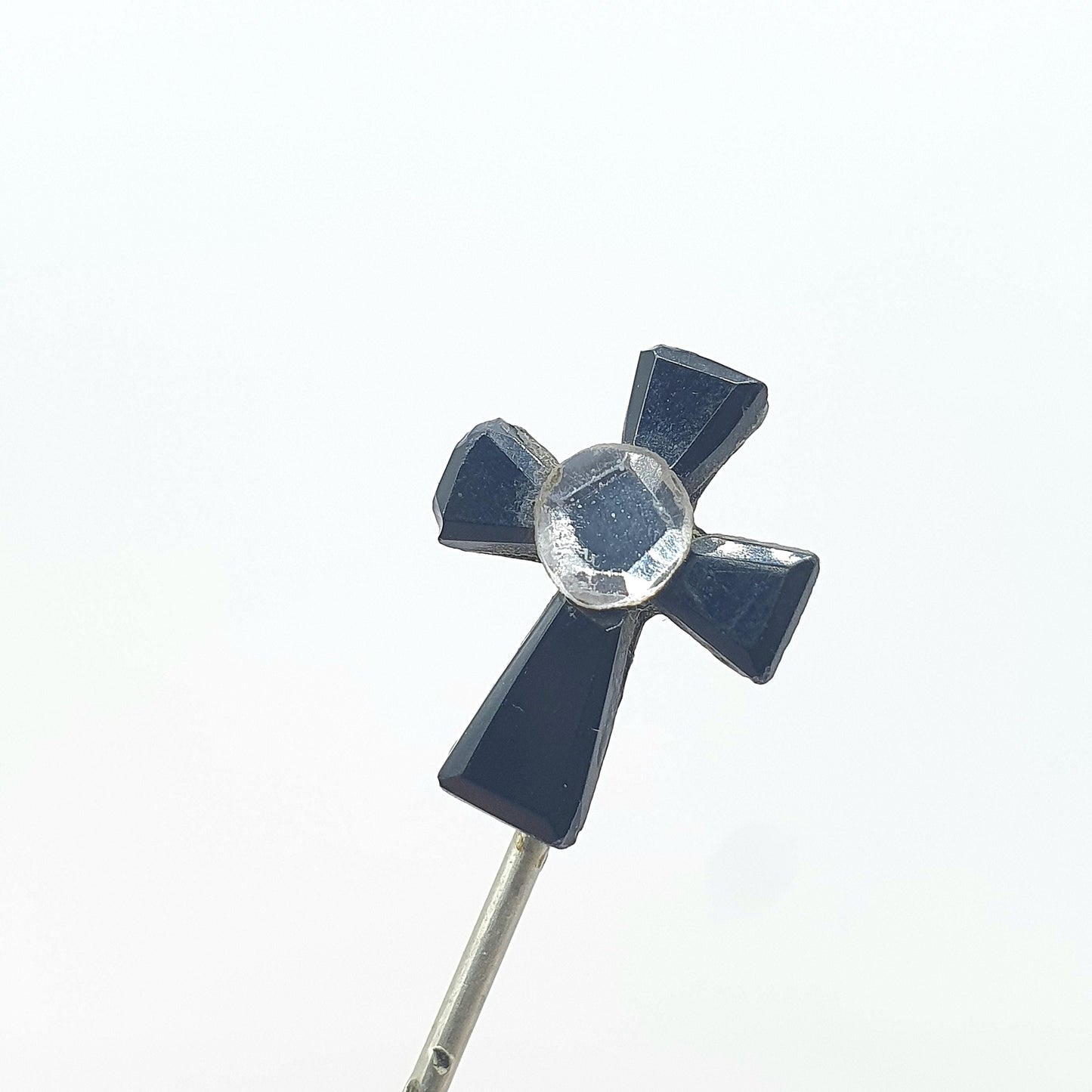 Antique Victorian Vauxhall Glass Crucifix Stick Pin Black and White Cross Base Metal Vintage Jacket Coat Mens Gents Jewelry Jewellery