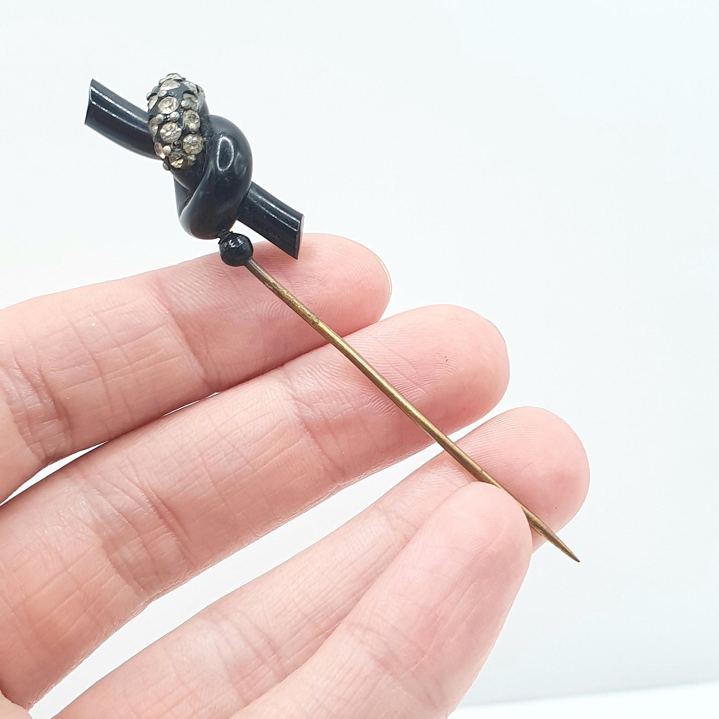 Antique Art Deco Diamond Paste Knot Stick Pin Early Black Plastic Mourning Base Metal Black Jacket Lapel Pin Jewelry Jewellery