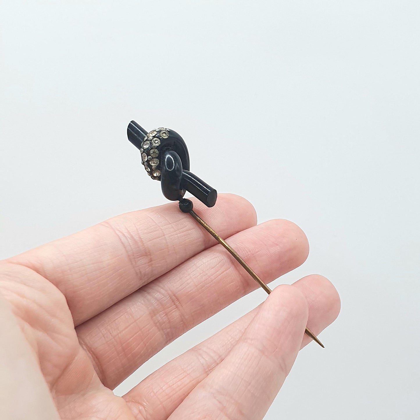 Antique Art Deco Diamond Paste Knot Stick Pin Early Black Plastic Mourning Base Metal Black Jacket Lapel Pin Jewelry Jewellery
