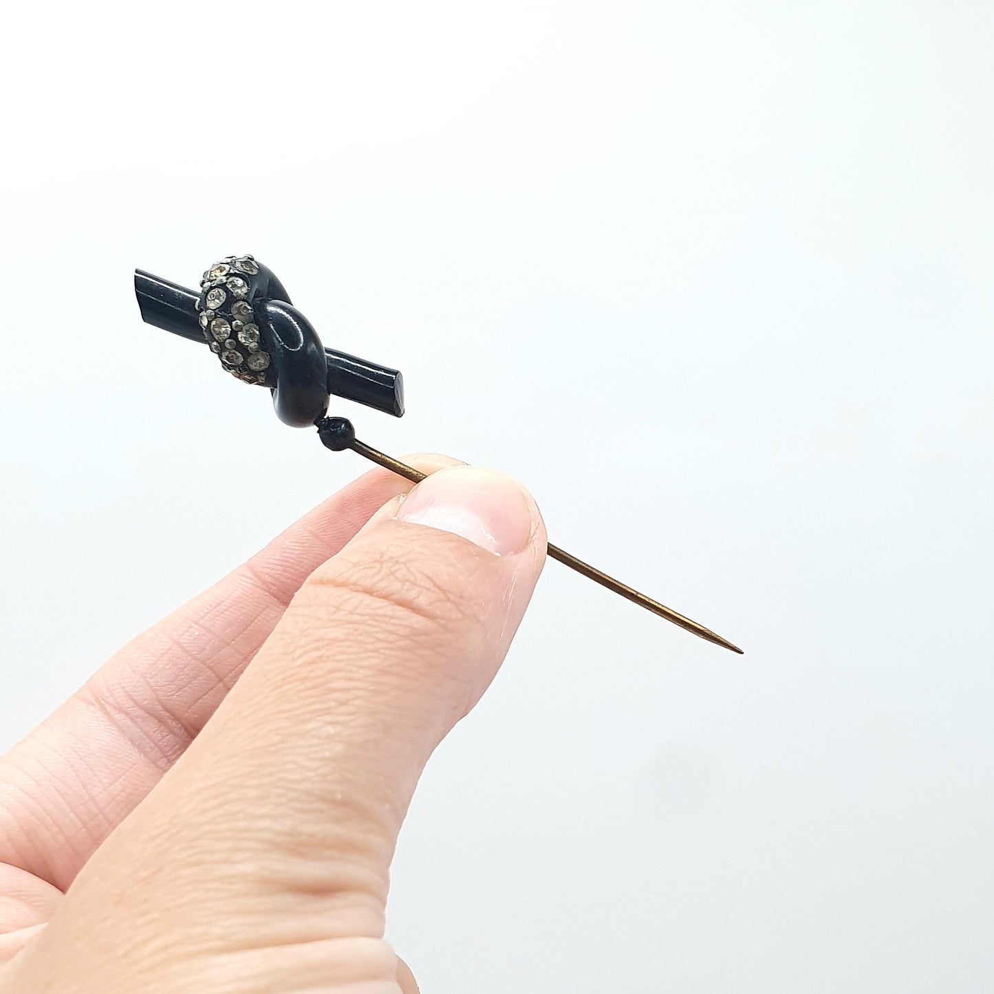 Antique Art Deco Diamond Paste Knot Stick Pin Early Black Plastic Mourning Base Metal Black Jacket Lapel Pin Jewelry Jewellery