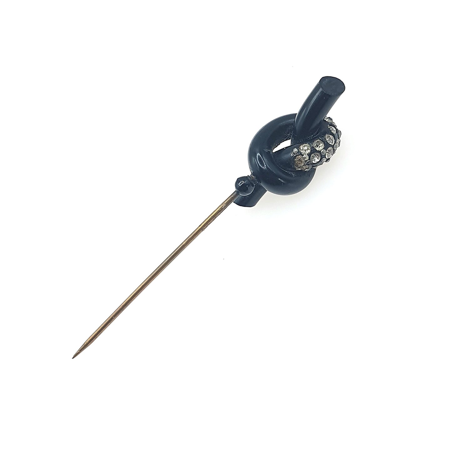 Antique Art Deco Diamond Paste Knot Stick Pin Early Black Plastic Mourning Base Metal Black Jacket Lapel Pin Jewelry Jewellery