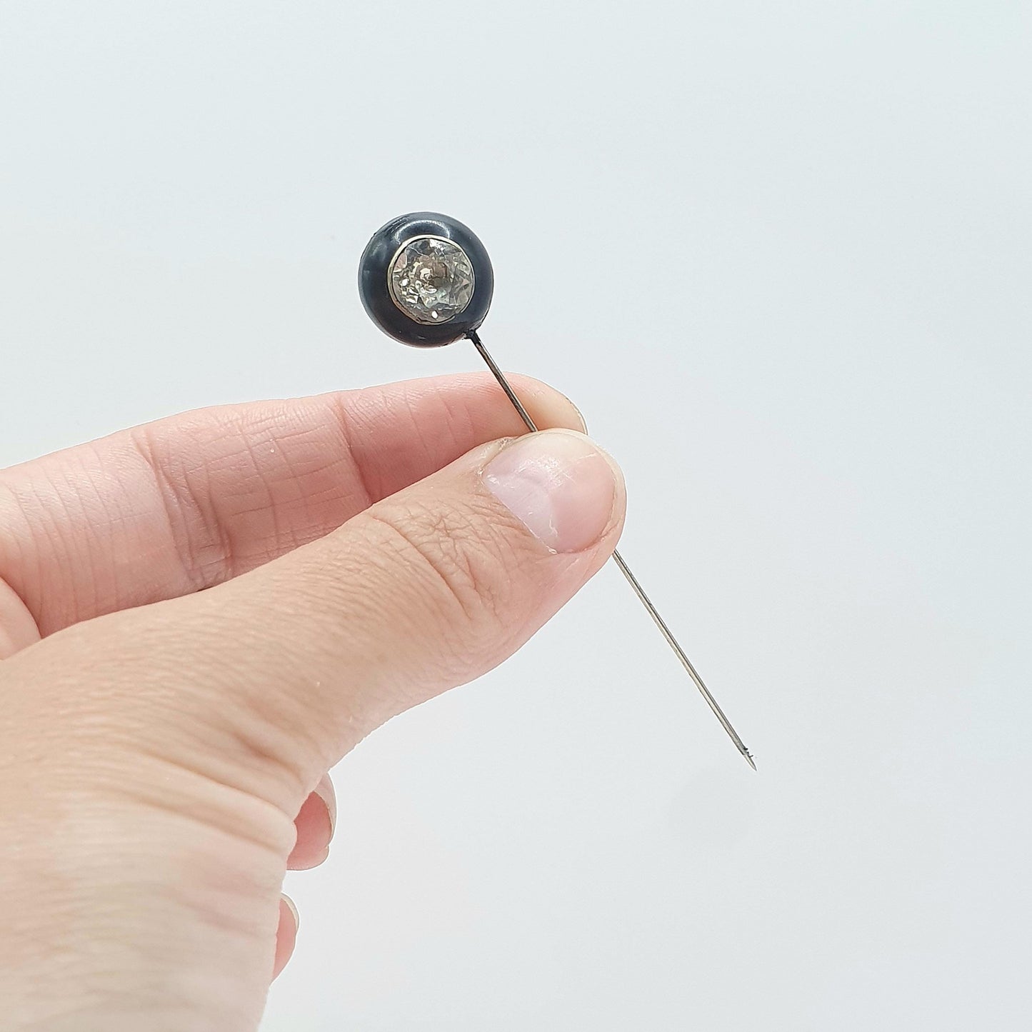 Antique Victorian Whitby Jet Diamond Paste Stick Pin Round Solitaire Foiled Base Metal Lapel Jacket 1800s Black Genuine Jewelry Jewellery