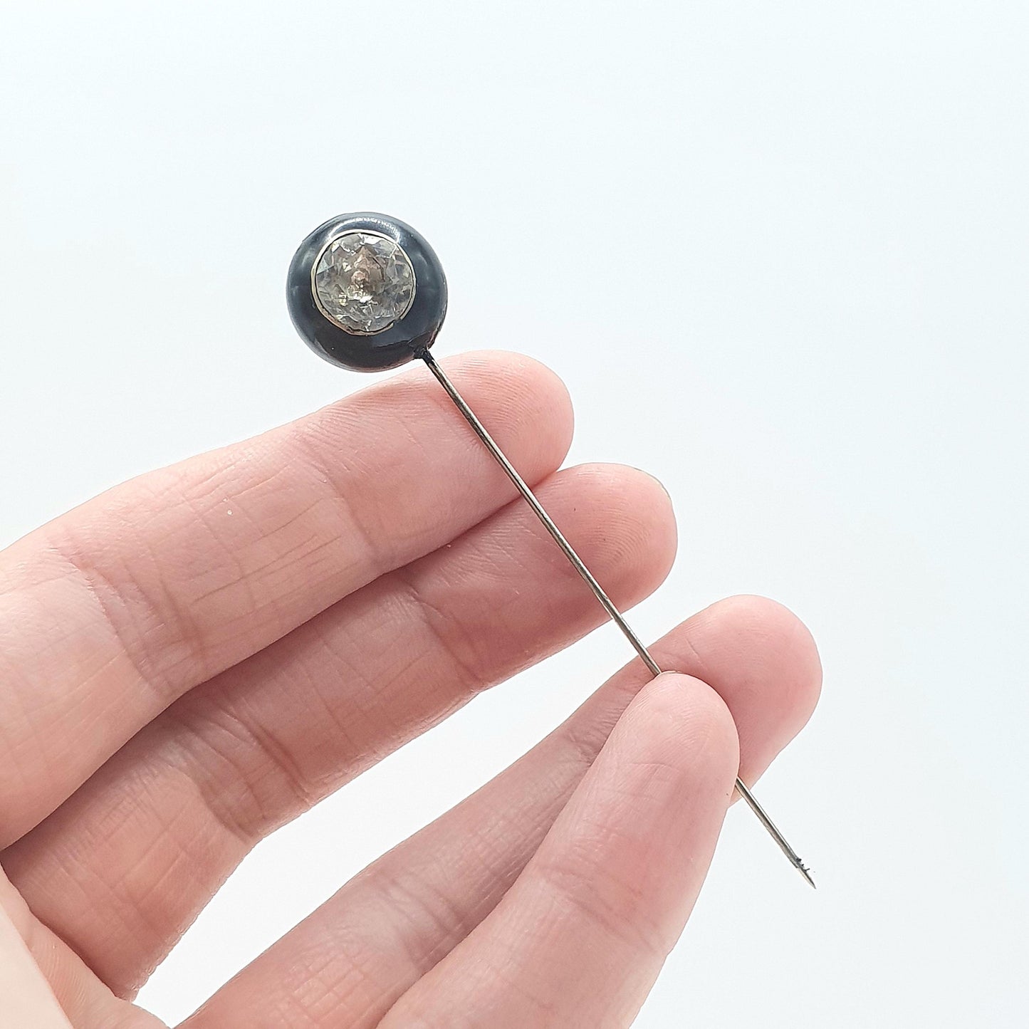 Antique Victorian Whitby Jet Diamond Paste Stick Pin Round Solitaire Foiled Base Metal Lapel Jacket 1800s Black Genuine Jewelry Jewellery