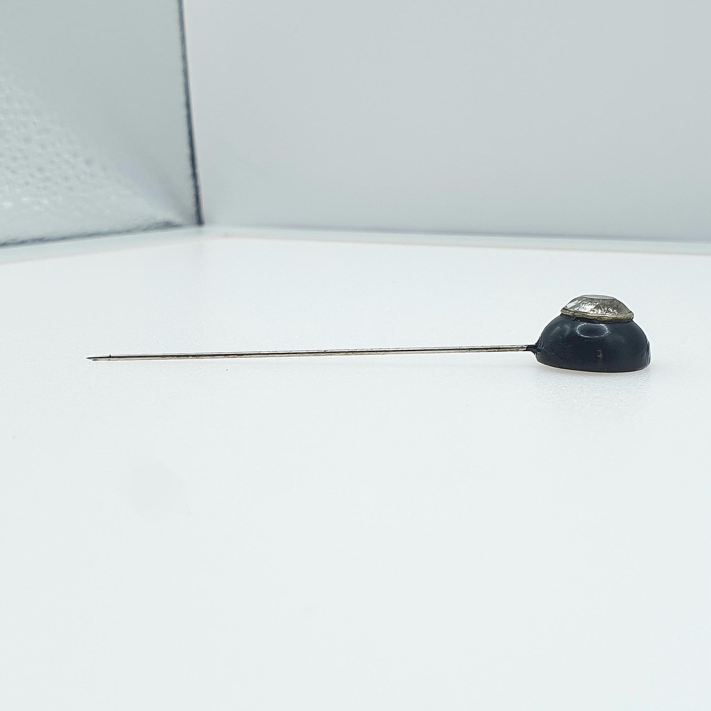 Antique Victorian Whitby Jet Diamond Paste Stick Pin Round Solitaire Foiled Base Metal Lapel Jacket 1800s Black Genuine Jewelry Jewellery