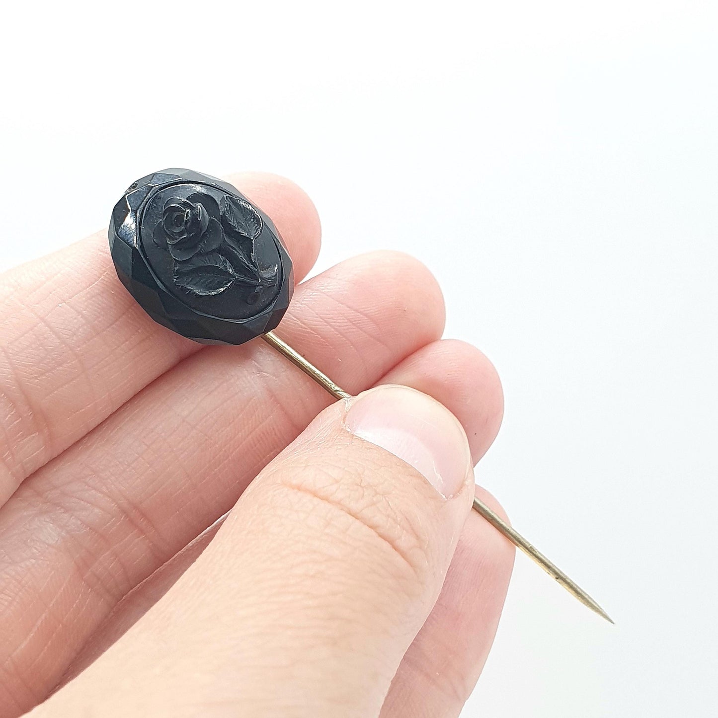 Antique Victorian Whitby Jet Flower Cameo Stick Pin Base Metal 1800s Lapel Jacket Black Genuine Vintage Mens Jewellery