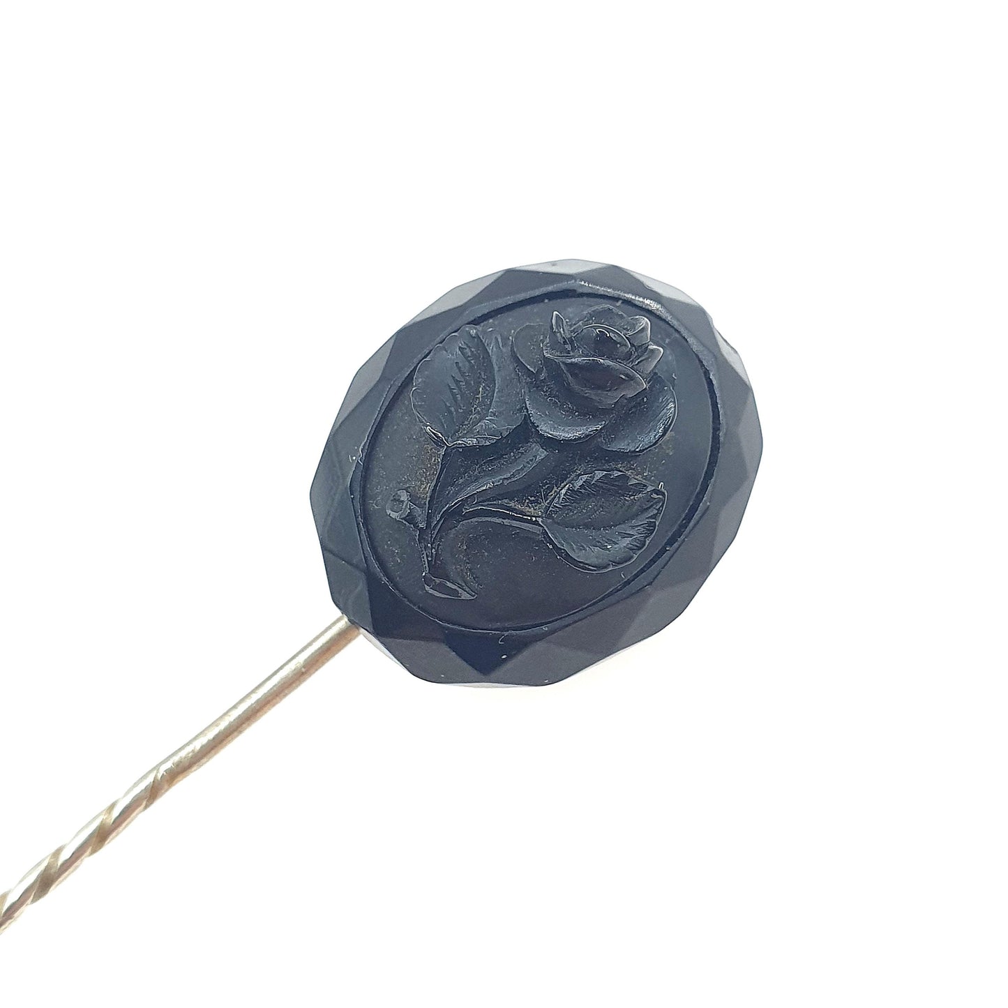 Antique Victorian Whitby Jet Flower Cameo Stick Pin Base Metal 1800s Lapel Jacket Black Genuine Vintage Mens Jewellery