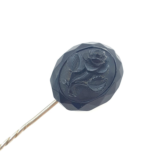 Antique Victorian Whitby Jet Flower Cameo Stick Pin Base Metal 1800s Lapel Jacket Black Genuine Vintage Mens Jewellery