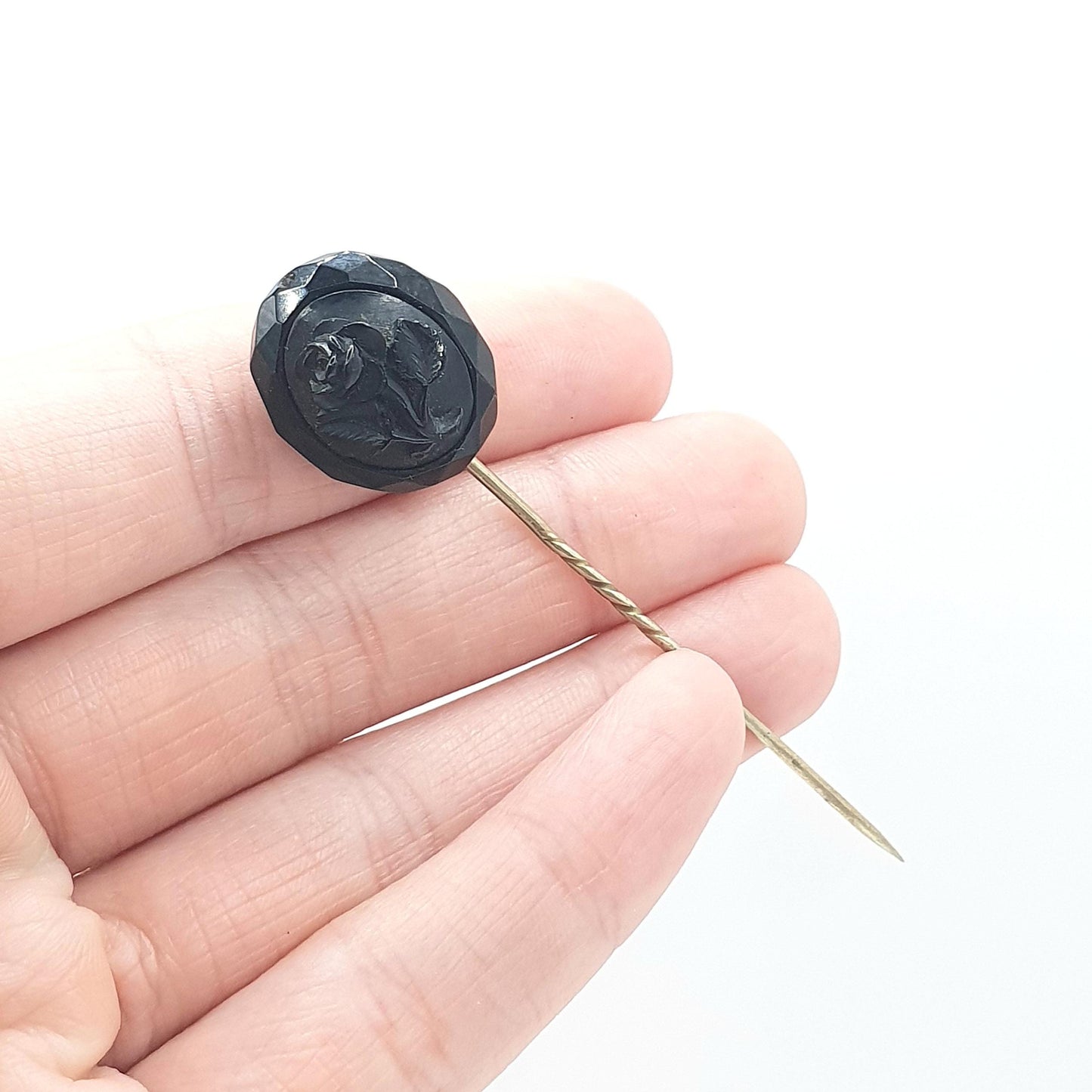 Antique Victorian Whitby Jet Flower Cameo Stick Pin Base Metal 1800s Lapel Jacket Black Genuine Vintage Mens Jewellery