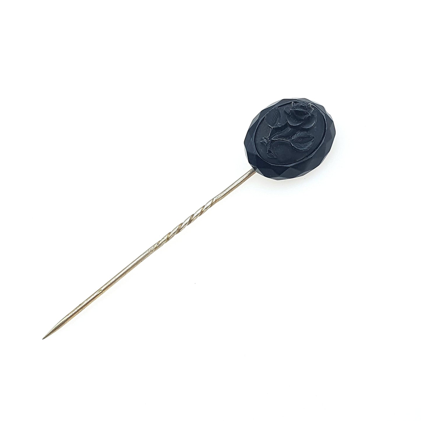 Antique Victorian Whitby Jet Flower Cameo Stick Pin Base Metal 1800s Lapel Jacket Black Genuine Vintage Mens Jewellery