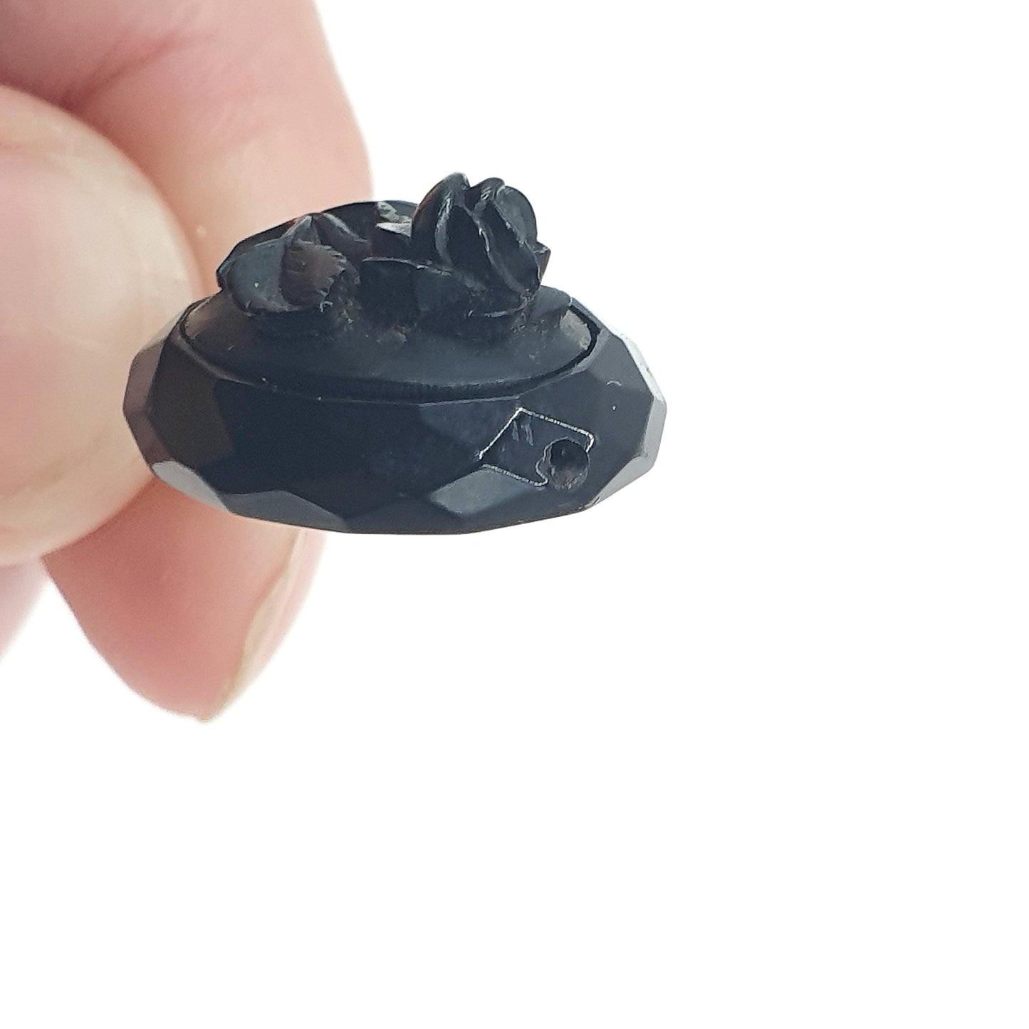 Antique Victorian Whitby Jet Flower Cameo Stick Pin Base Metal 1800s Lapel Jacket Black Genuine Vintage Mens Jewellery
