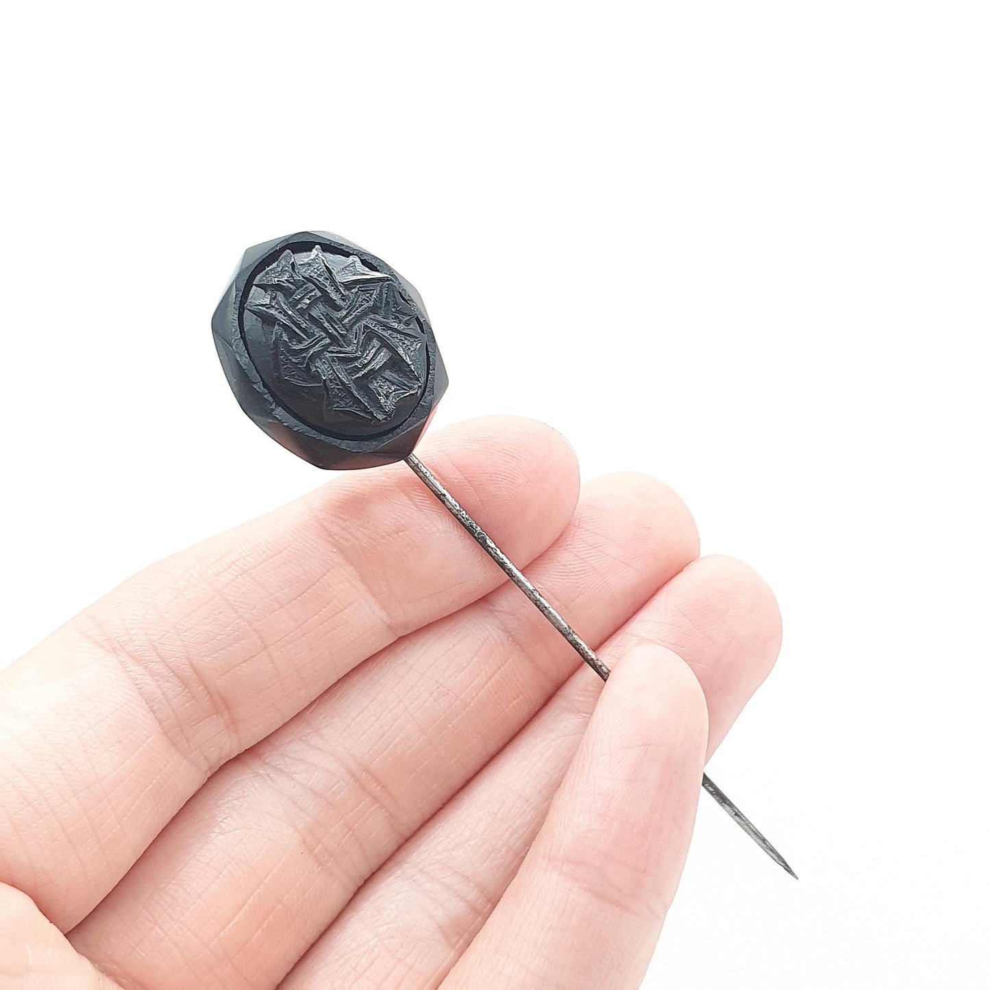 Antique Victorian Whitby Jet Flower Monogram Cameo Stick Pin Base Metal Lapel Jacket 1800s Black Genuine Vintage Mens Jewellery