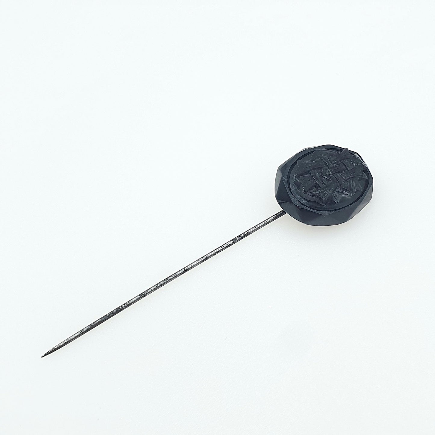 Antique Victorian Whitby Jet Flower Monogram Cameo Stick Pin Base Metal Lapel Jacket 1800s Black Genuine Vintage Mens Jewellery