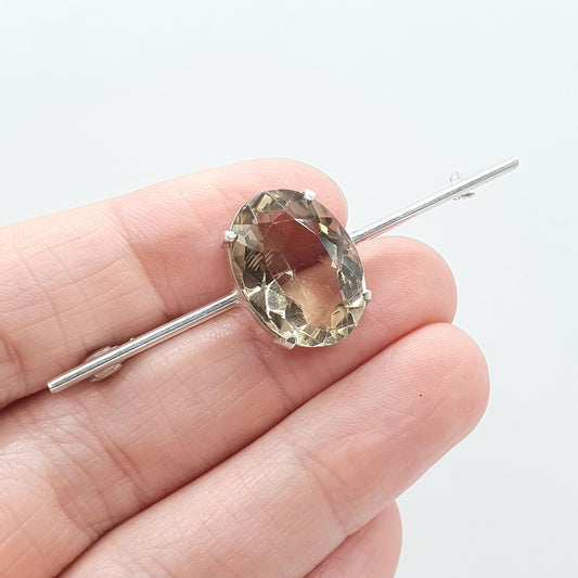 Antique Solid Silver Natural Smoky Quartz Brooch Pin Large Oval Cut Gemstone Womens Jewelry Jewellery Vintage