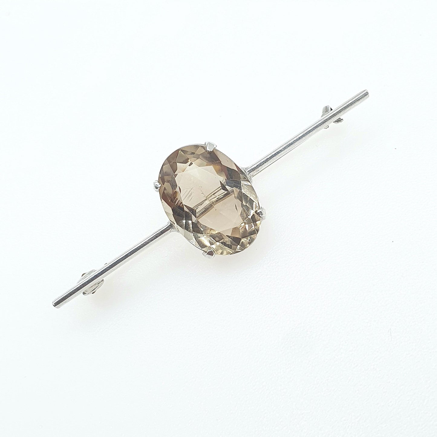 Antique Solid Silver Natural Smoky Quartz Brooch Pin Large Oval Cut Gemstone Womens Jewelry Jewellery Vintage