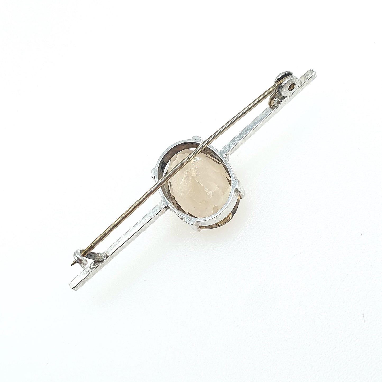 Antique Solid Silver Natural Smoky Quartz Brooch Pin Large Oval Cut Gemstone Womens Jewelry Jewellery Vintage