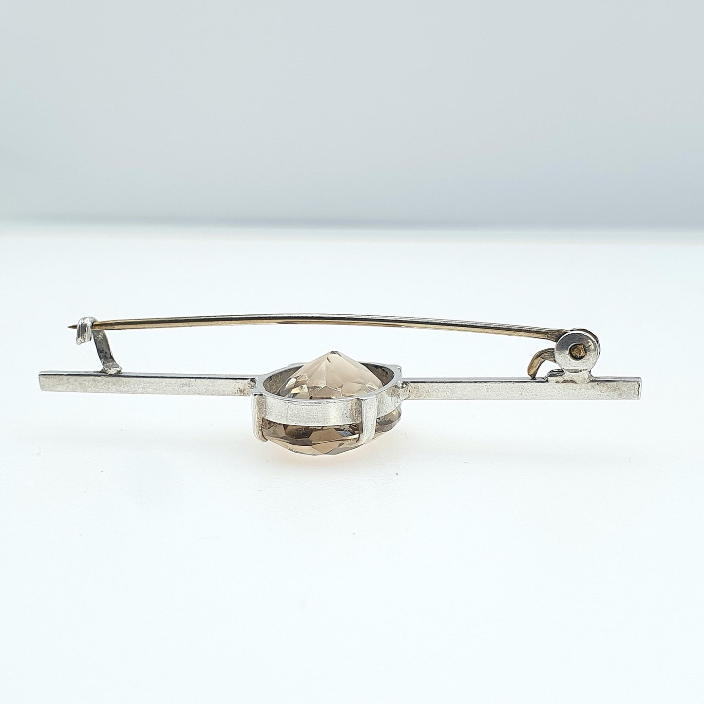 Antique Solid Silver Natural Smoky Quartz Brooch Pin Large Oval Cut Gemstone Womens Jewelry Jewellery Vintage