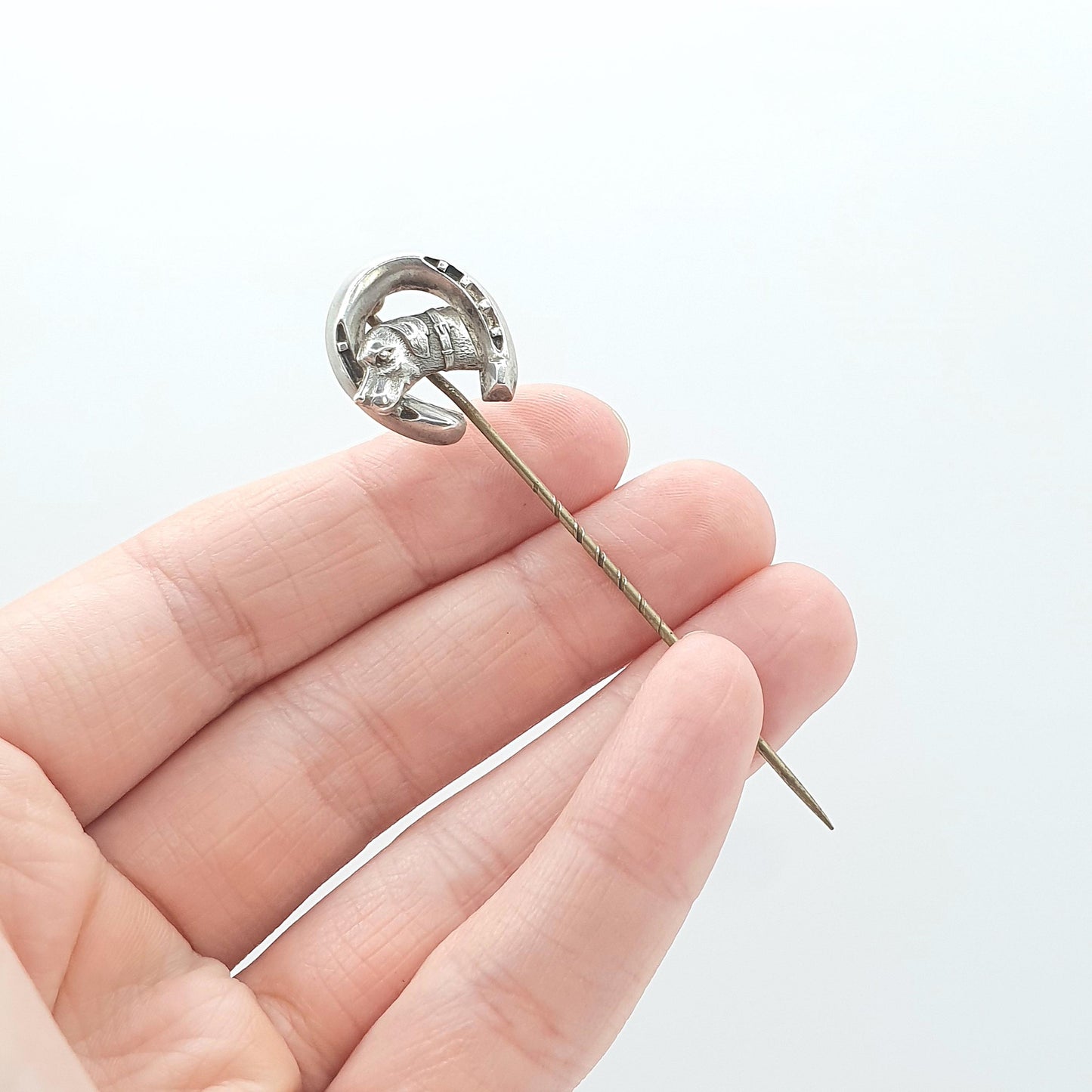 Antique Victorian Solid Silver Dog & Horseshoe Stick Pin Luck  Good Lucky Hunting Vintage Lapel Jacket Jewellery Jewelry