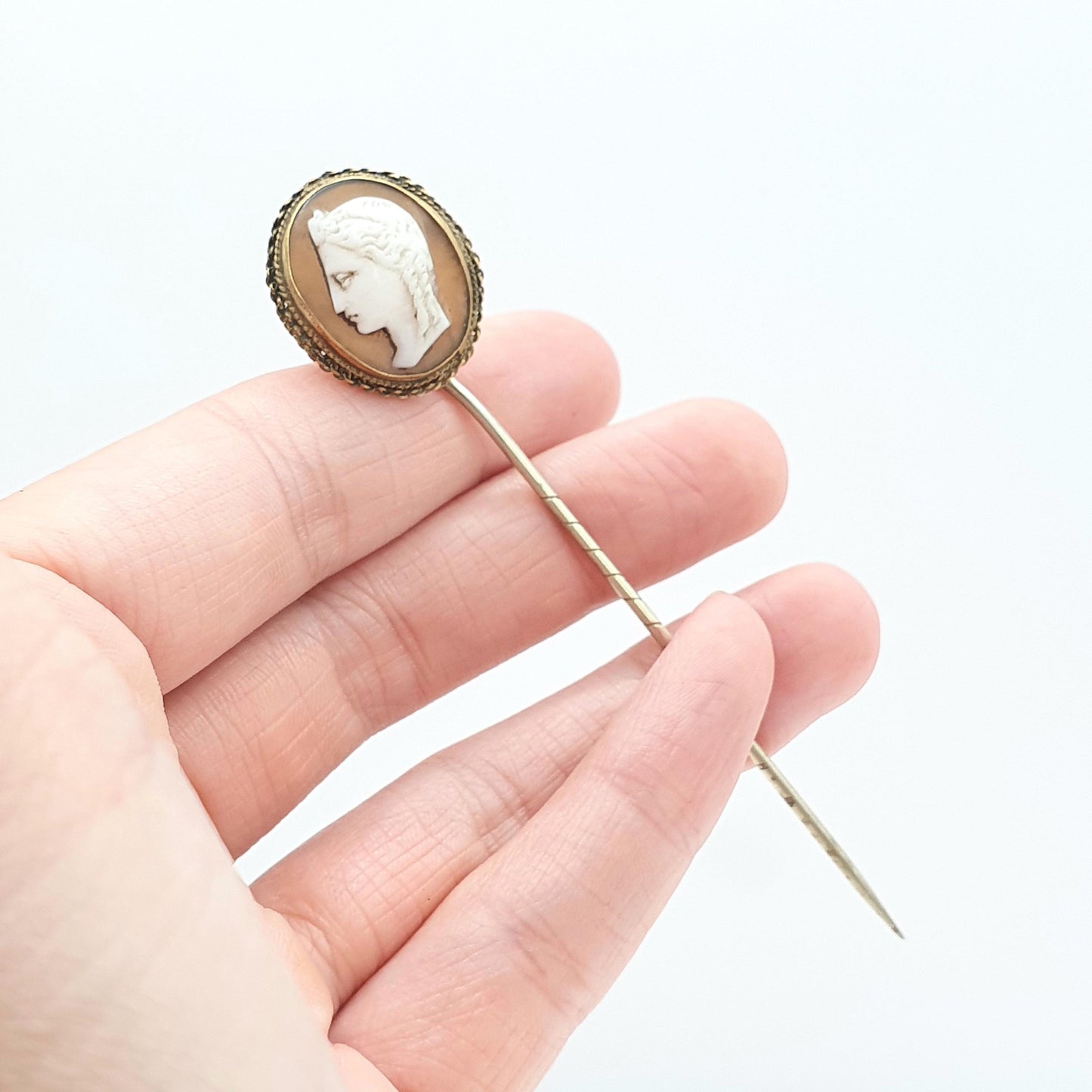 Antique Victorian Cameo Stick Pin Gold Tone Base Metal Hand Carved Shell Lady Goddess Vintage Lapel Jewelry Jewellery