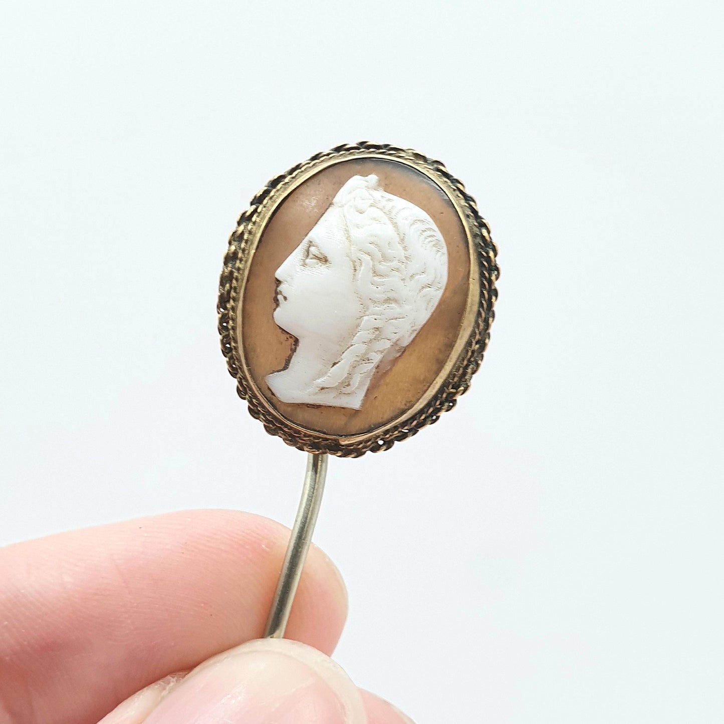 Antique Victorian Cameo Stick Pin Gold Tone Base Metal Hand Carved Shell Lady Goddess Vintage Lapel Jewelry Jewellery