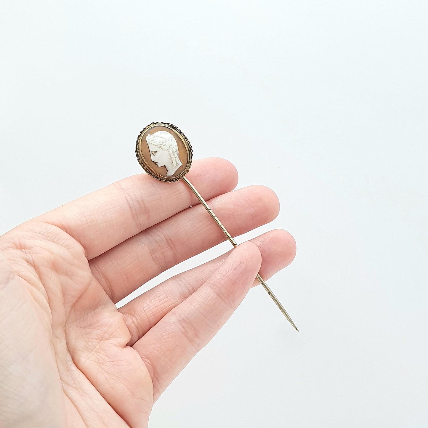 Antique Victorian Cameo Stick Pin Gold Tone Base Metal Hand Carved Shell Lady Goddess Vintage Lapel Jewelry Jewellery