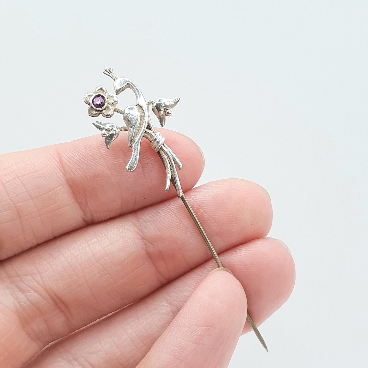 Antique Art Nouveau Sterling Silver Bird Amethyst Stick Pin Art Nouveau Gemstone Lapel Vintage Jacket Coat Mens Gents Jewelry Jewellery