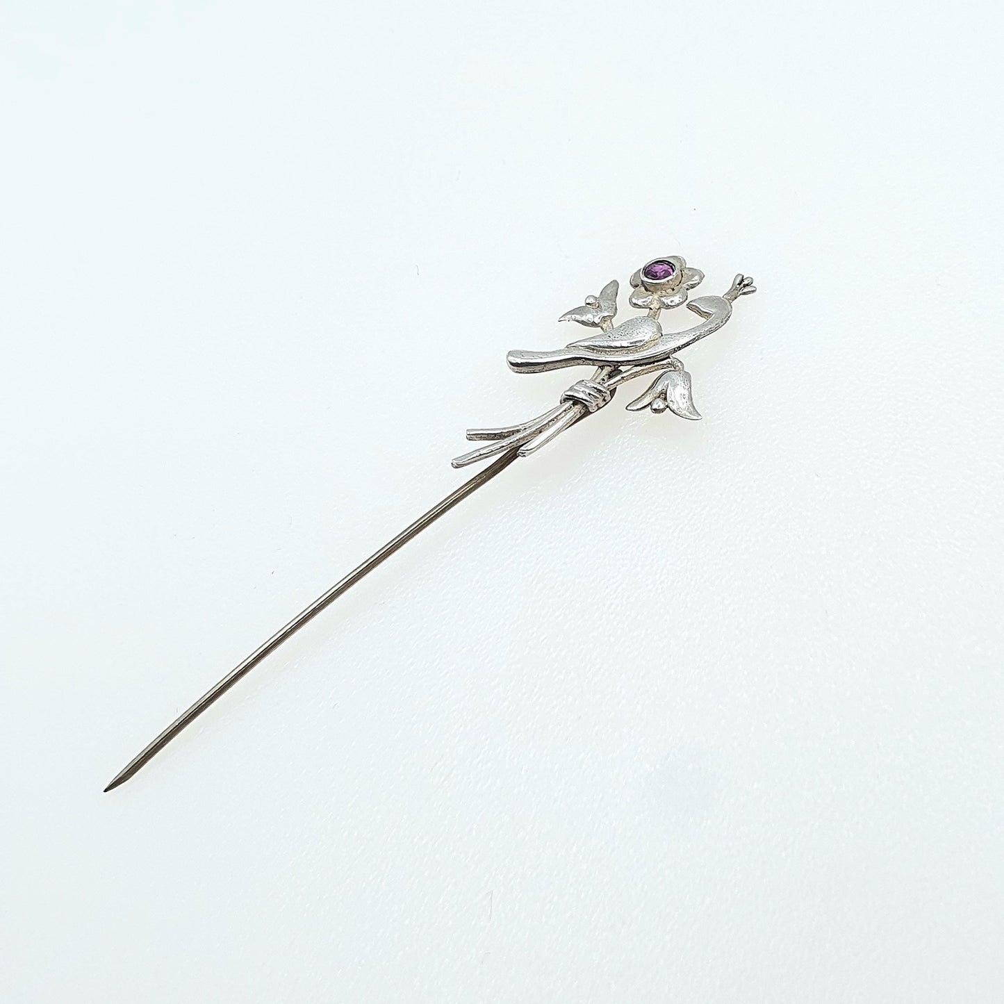 Antique Art Nouveau Sterling Silver Bird Amethyst Stick Pin Art Nouveau Gemstone Lapel Vintage Jacket Coat Mens Gents Jewelry Jewellery