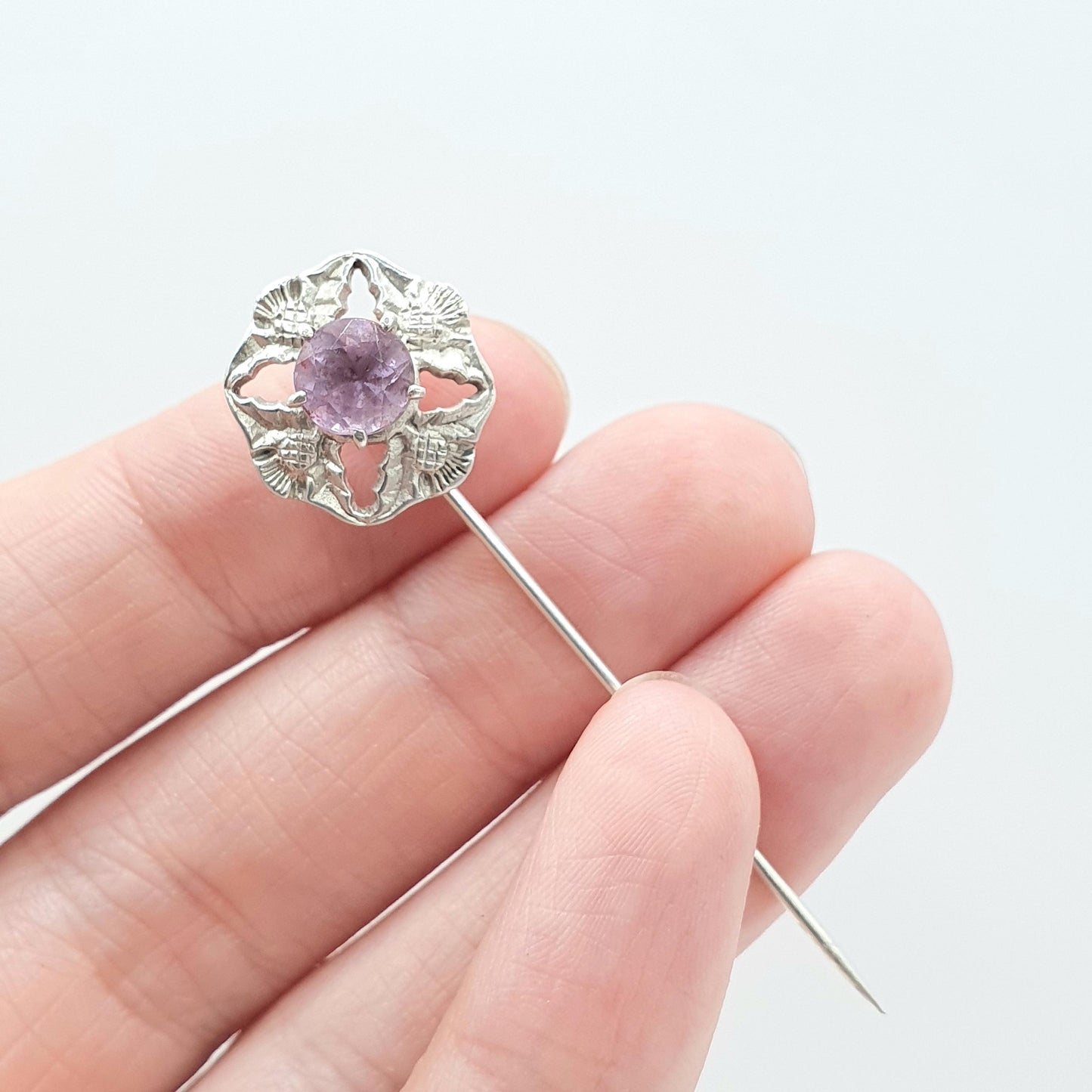Vintage Sterling Silver JOHN HART Amethyst Thistle Stick Pin Iona Scottish Flower Gemstone Lapel Jacket Jewelry Jewellery