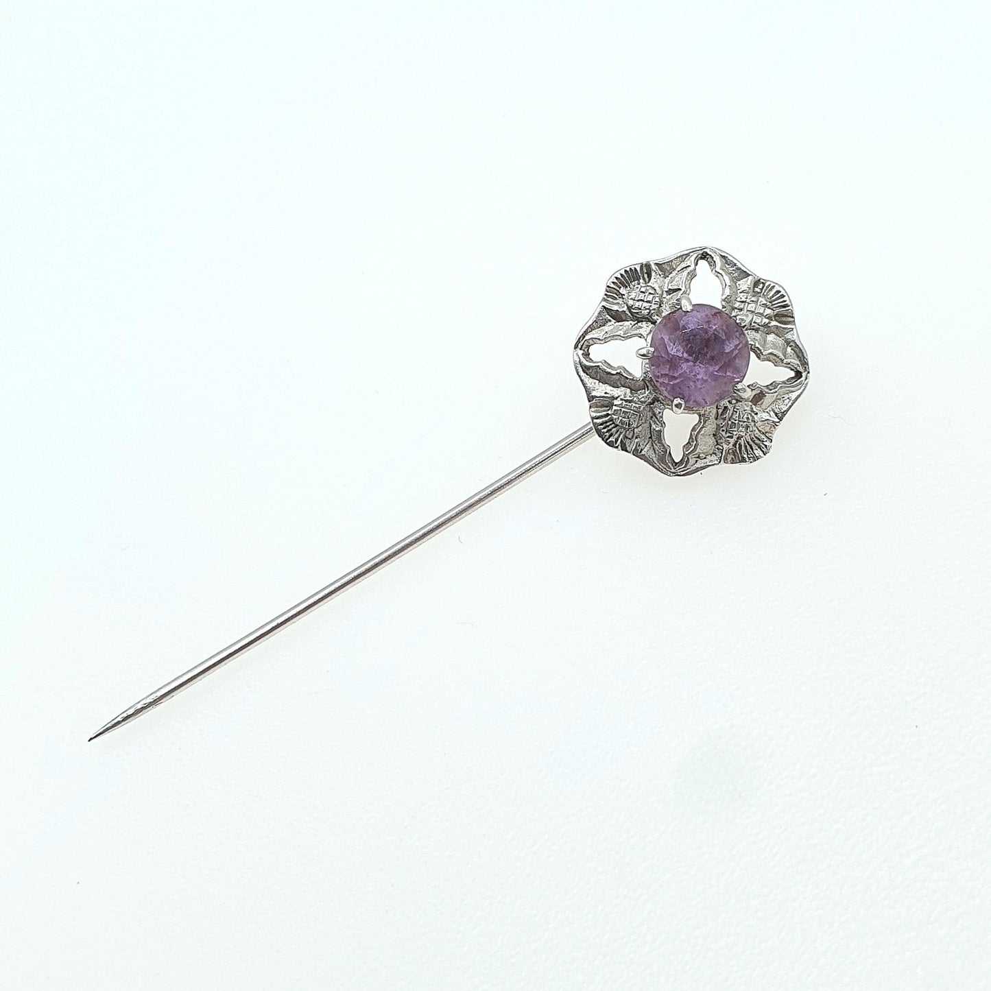 Vintage Sterling Silver JOHN HART Amethyst Thistle Stick Pin Iona Scottish Flower Gemstone Lapel Jacket Jewelry Jewellery