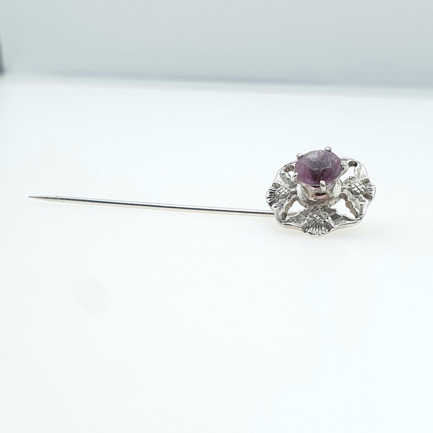 Vintage Sterling Silver JOHN HART Amethyst Thistle Stick Pin Iona Scottish Flower Gemstone Lapel Jacket Jewelry Jewellery