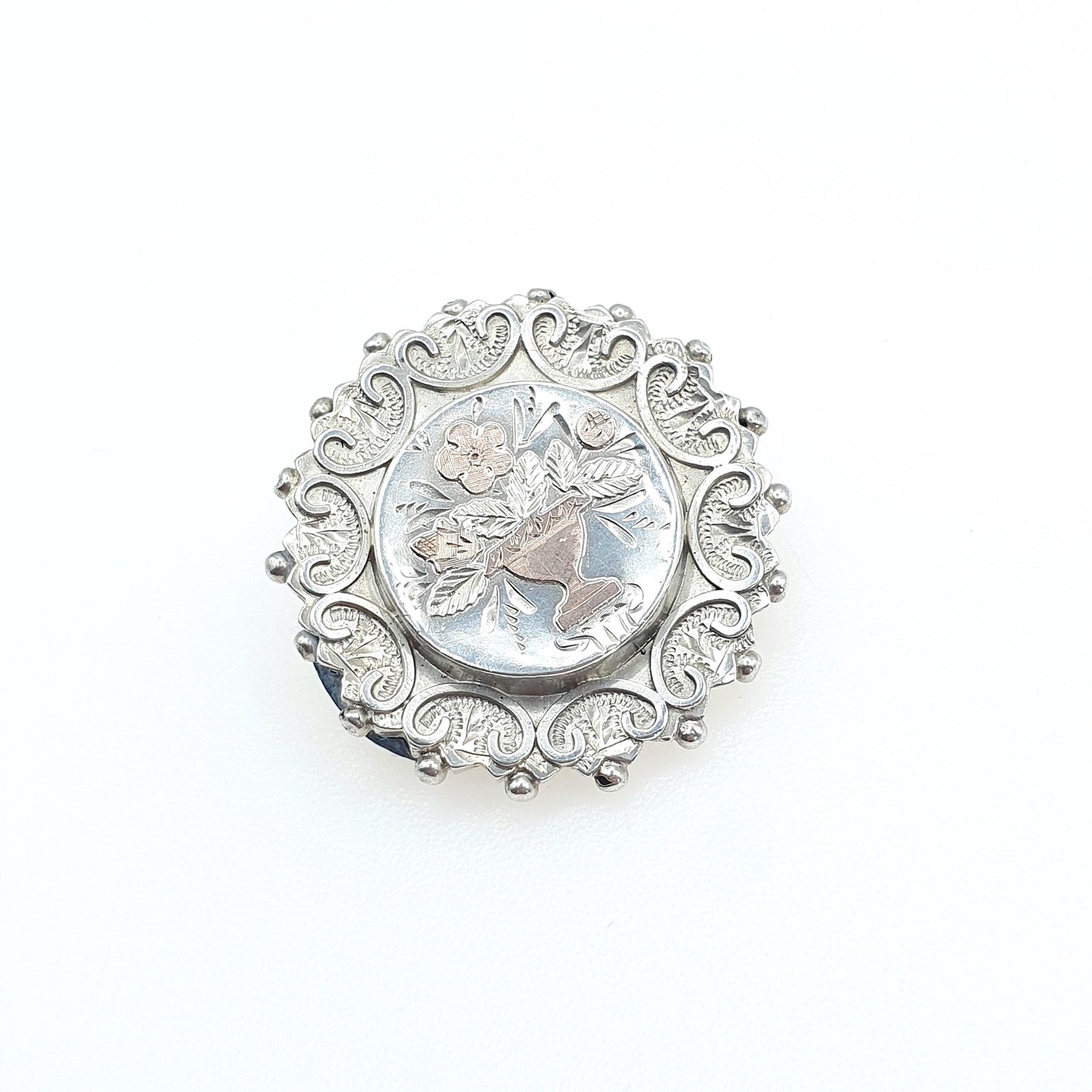 Antique Victorian Sterling Silver Flower Basket Brooch Rose Gold 1885 Hallmark Women Jewellery Jewelry Vintage Mens