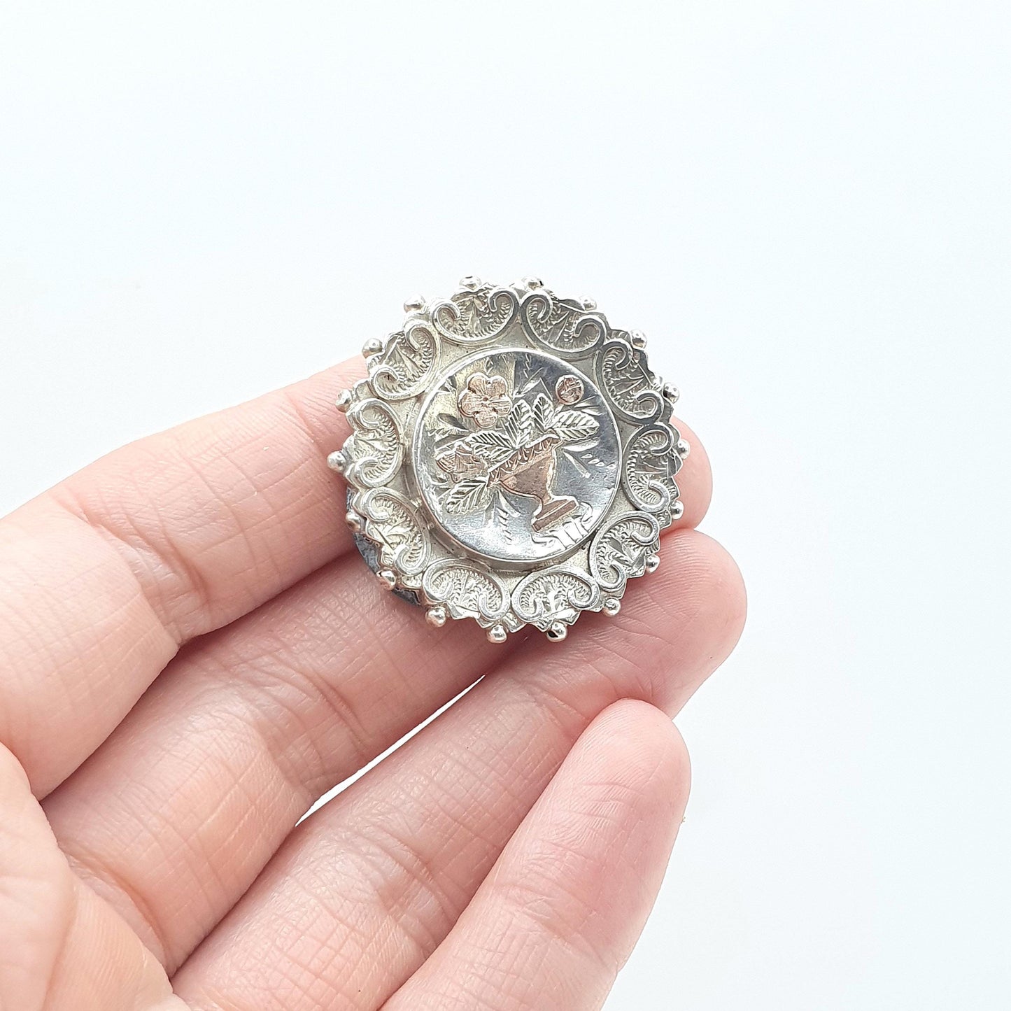 Antique Victorian Sterling Silver Flower Basket Brooch Rose Gold 1885 Hallmark Women Jewellery Jewelry Vintage Mens