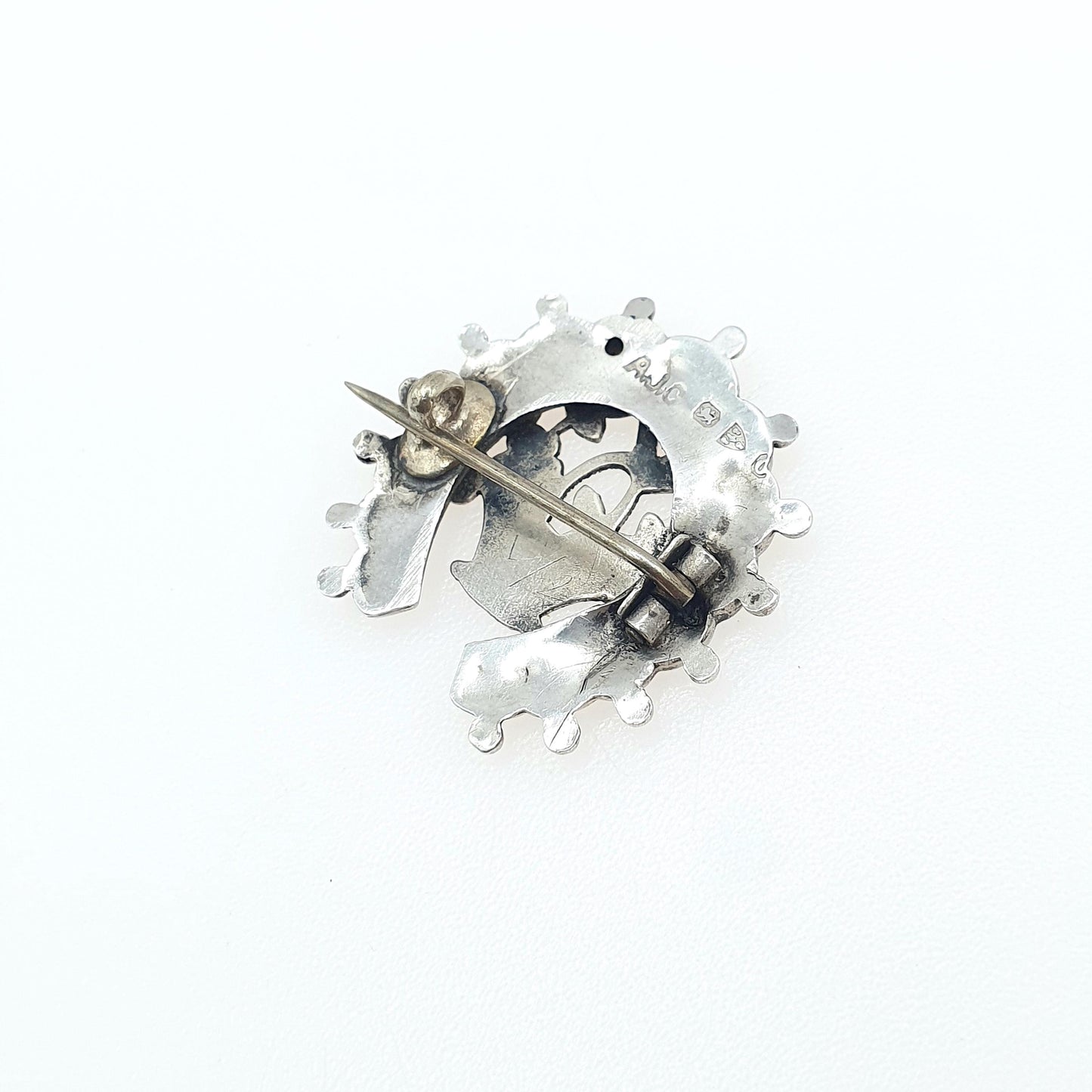 Antique Sterling Silver Horseshoe & Flower Basket Brooch Giardinetti 1897 Hallmark Good Luck Womens Jewelry Jewellery Vintage