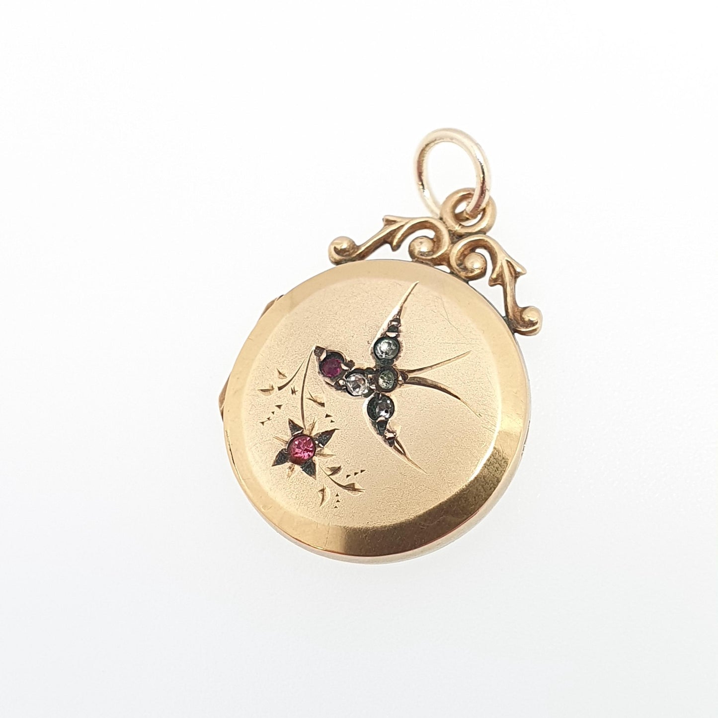 Antique 9ct 9k Gold Bird Locket Ruby Diamond Pastes Back and Front Cute Solid 375 Pendant Vintage Womens Jewelry Jewellery