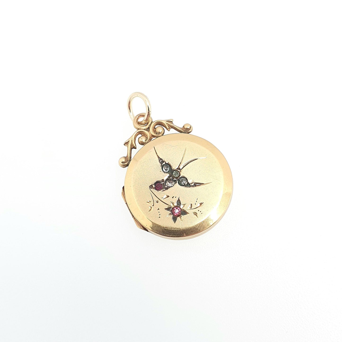 Antique 9ct 9k Gold Bird Locket Ruby Diamond Pastes Back and Front Cute Solid 375 Pendant Vintage Womens Jewelry Jewellery