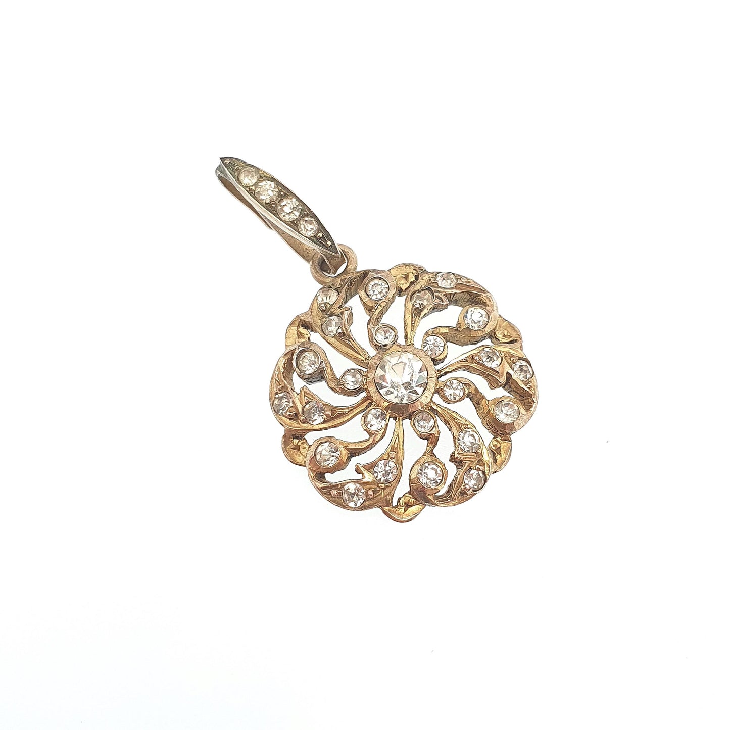 Antique Victorian Solid Silver Diamond Paste Pendant Gold Vermeil Art Nouveau Necklace Spiral Swirl Foiled Vintage Womens Jewellery Jewelry