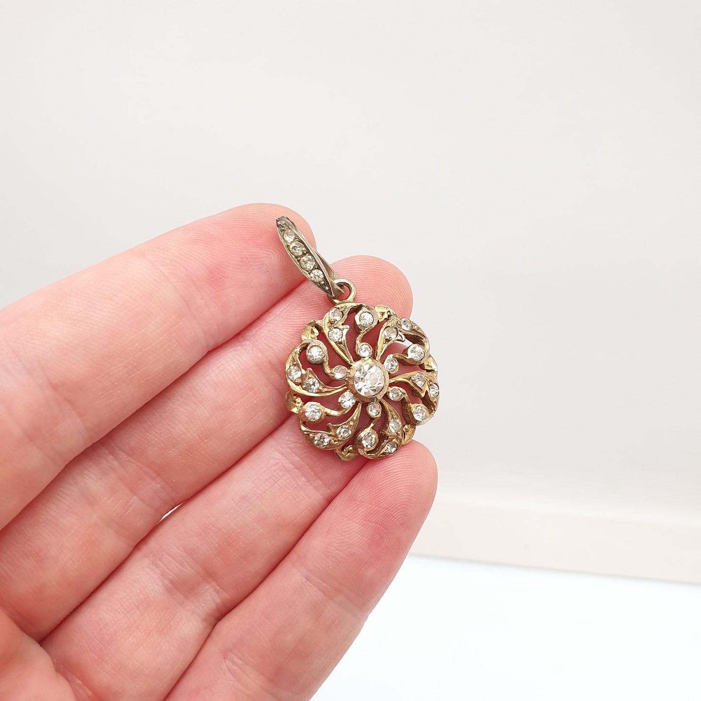 Antique Victorian Solid Silver Diamond Paste Pendant Gold Vermeil Art Nouveau Necklace Spiral Swirl Foiled Vintage Womens Jewellery Jewelry