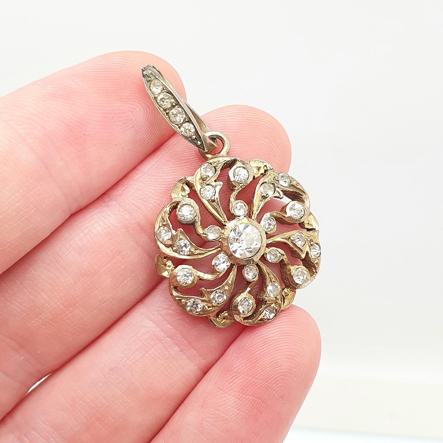 Antique Victorian Solid Silver Diamond Paste Pendant Gold Vermeil Art Nouveau Necklace Spiral Swirl Foiled Vintage Womens Jewellery Jewelry