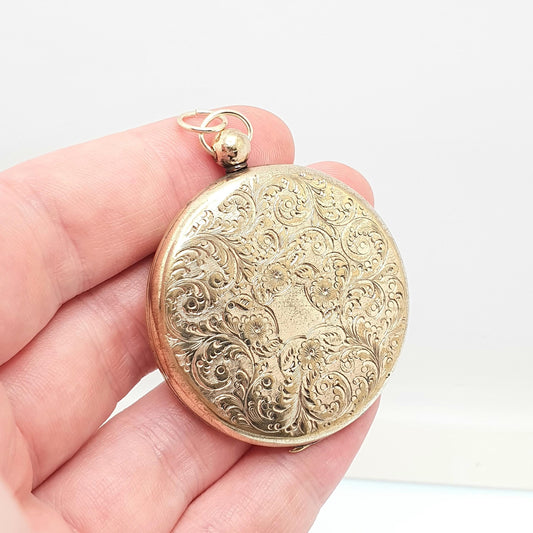 Antique Victorian Rolled Gold Locket Pendant Necklace Engraved Pocket Watch Style Gold Filled Large Big Vintage Jewelry Jewellery