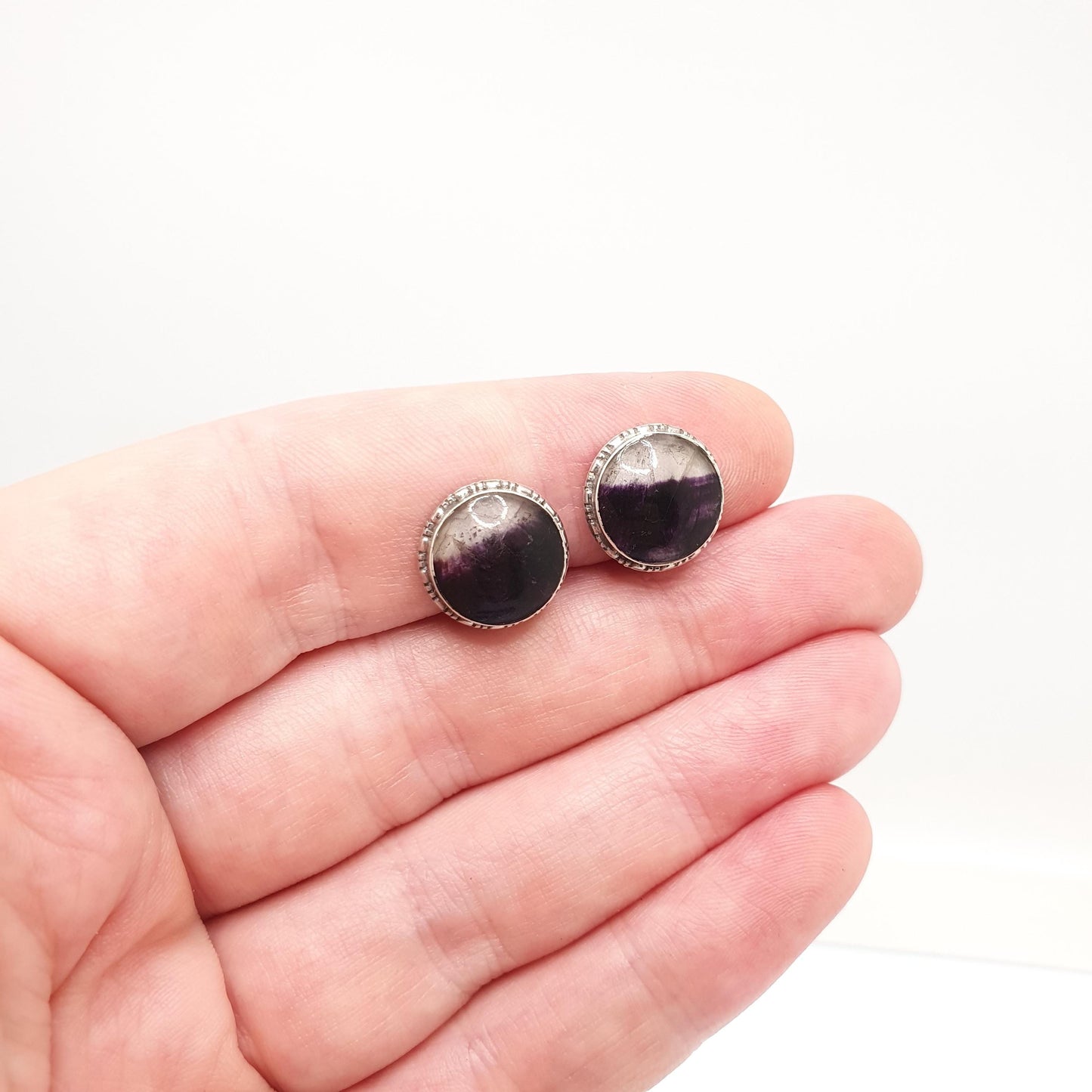 Antique Blue John Sterling Silver Earrings TLM Thomas Mott Rare Art Deco Cabochon 1920s Clip On Bleu Jaune Womens Gemstone Jewelry Jewellery