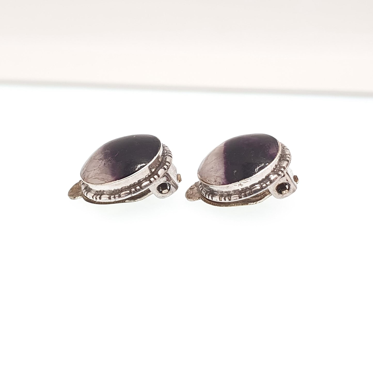 Antique Blue John Sterling Silver Earrings TLM Thomas Mott Rare Art Deco Cabochon 1920s Clip On Bleu Jaune Womens Gemstone Jewelry Jewellery