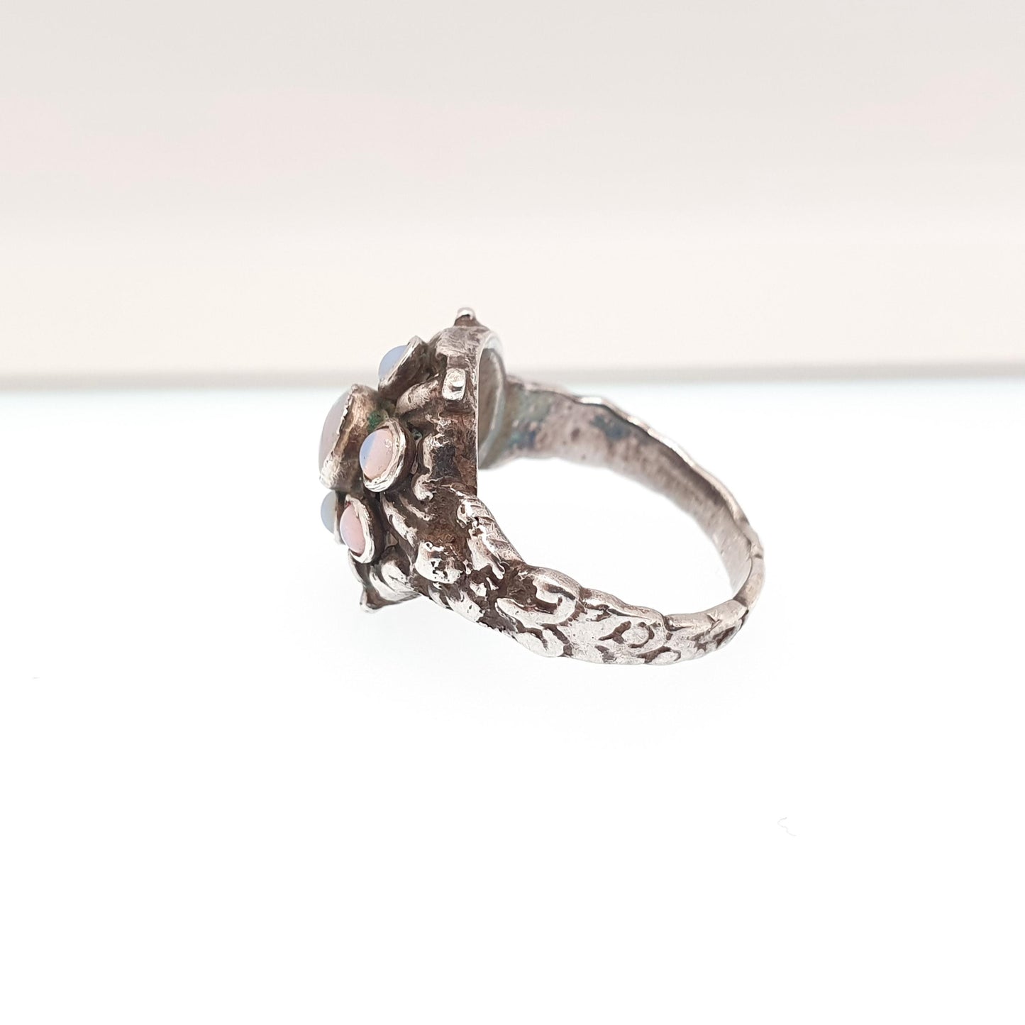 Antique Solid Silver Opal Ring Austro Hungarian Cluster Genuine Real Gemstone Statement Vintage Womens Jewelry Jewellery UK J US 4 3/4
