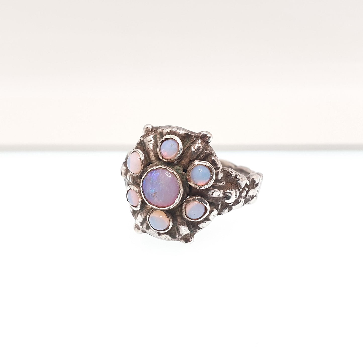 Antique Solid Silver Opal Ring Austro Hungarian Cluster Genuine Real Gemstone Statement Vintage Womens Jewelry Jewellery UK J US 4 3/4