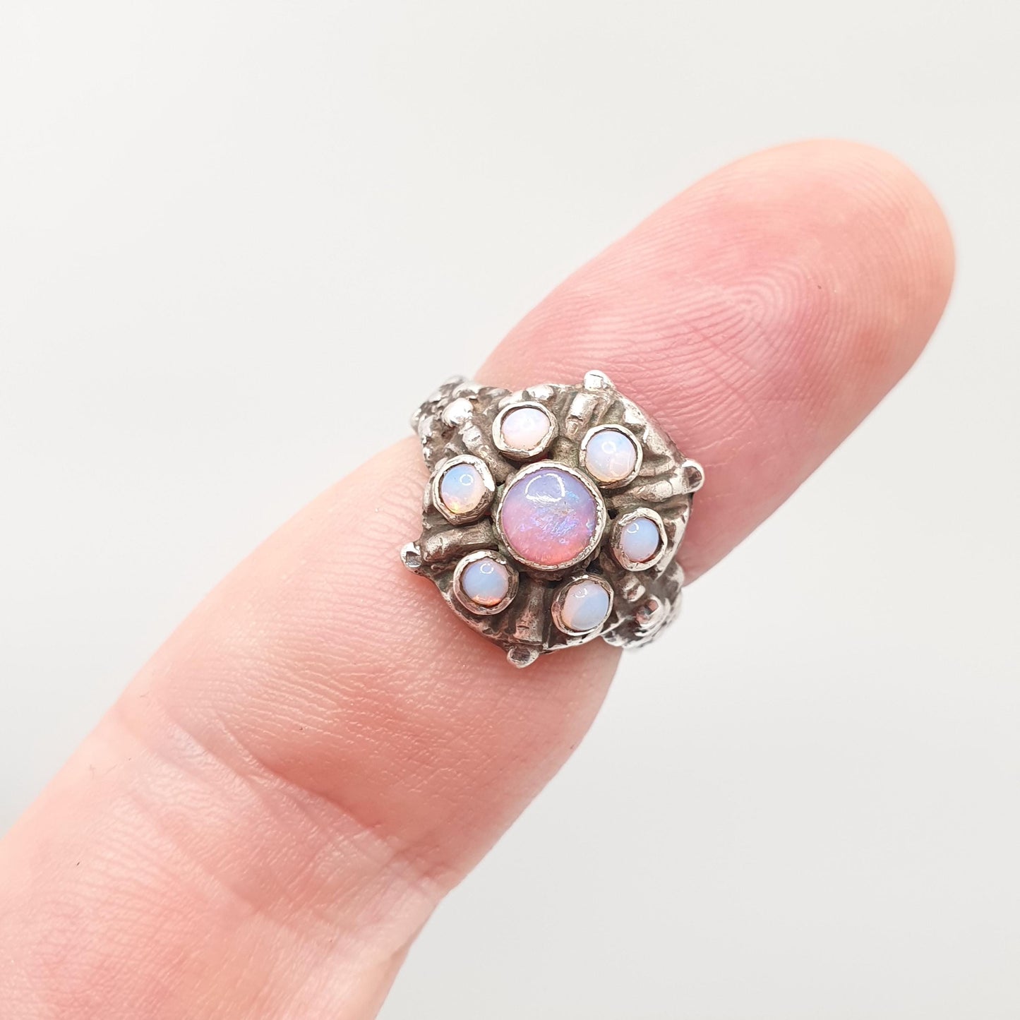 Antique Solid Silver Opal Ring Austro Hungarian Cluster Genuine Real Gemstone Statement Vintage Womens Jewelry Jewellery UK J US 4 3/4