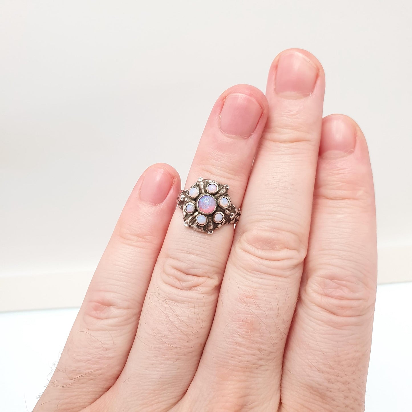 Antique Solid Silver Opal Ring Austro Hungarian Cluster Genuine Real Gemstone Statement Vintage Womens Jewelry Jewellery UK J US 4 3/4