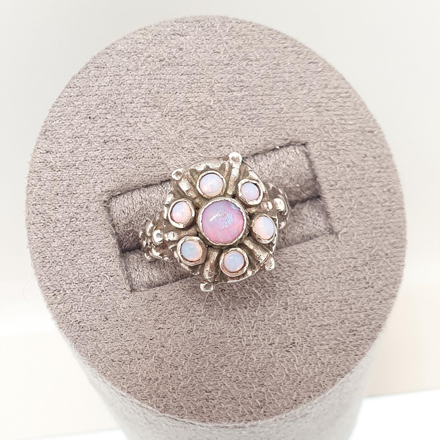 Antique Solid Silver Opal Ring Austro Hungarian Cluster Genuine Real Gemstone Statement Vintage Womens Jewelry Jewellery UK J US 4 3/4