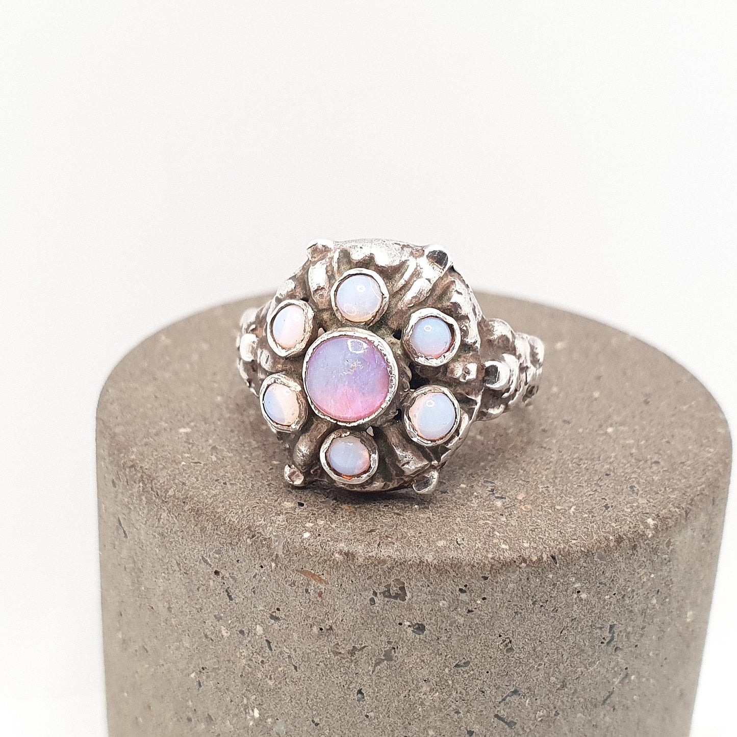 Antique Solid Silver Opal Ring Austro Hungarian Cluster Genuine Real Gemstone Statement Vintage Womens Jewelry Jewellery UK J US 4 3/4