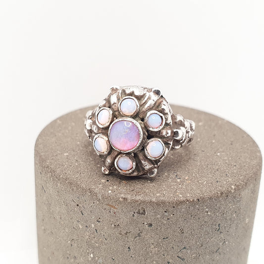 Antique Solid Silver Opal Ring Austro Hungarian Cluster Genuine Real Gemstone Statement Vintage Womens Jewelry Jewellery UK J US 4 3/4
